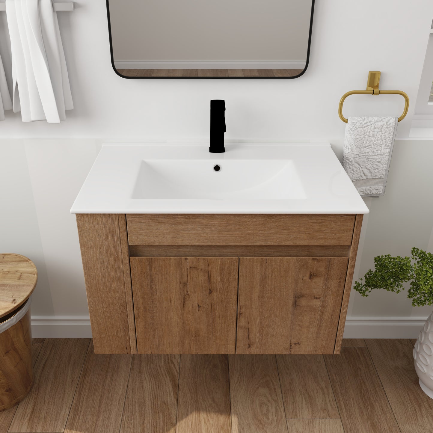 30 Inch Bathroom Vanity With White Ceramic Basin and Adjust Open Shelf(KD-PACKING)