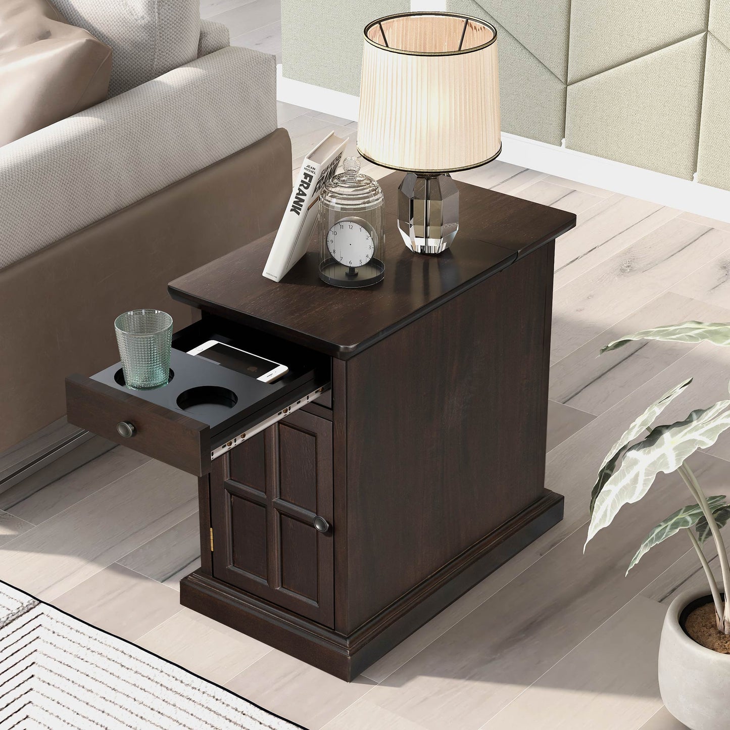 （ 9-12  9-19预计到货）U-Can Classic Vintage Livingroom End Table Side Table with USB Ports and One Multifunctional Drawer with cup holders, Antique Espresso