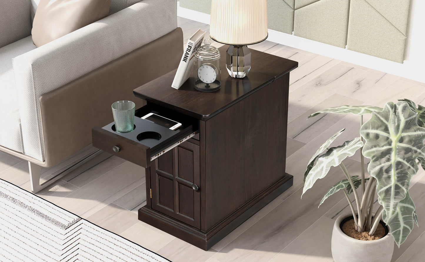 （ 9-12  9-19预计到货）U-Can Classic Vintage Livingroom End Table Side Table with USB Ports and One Multifunctional Drawer with cup holders, Antique Espresso