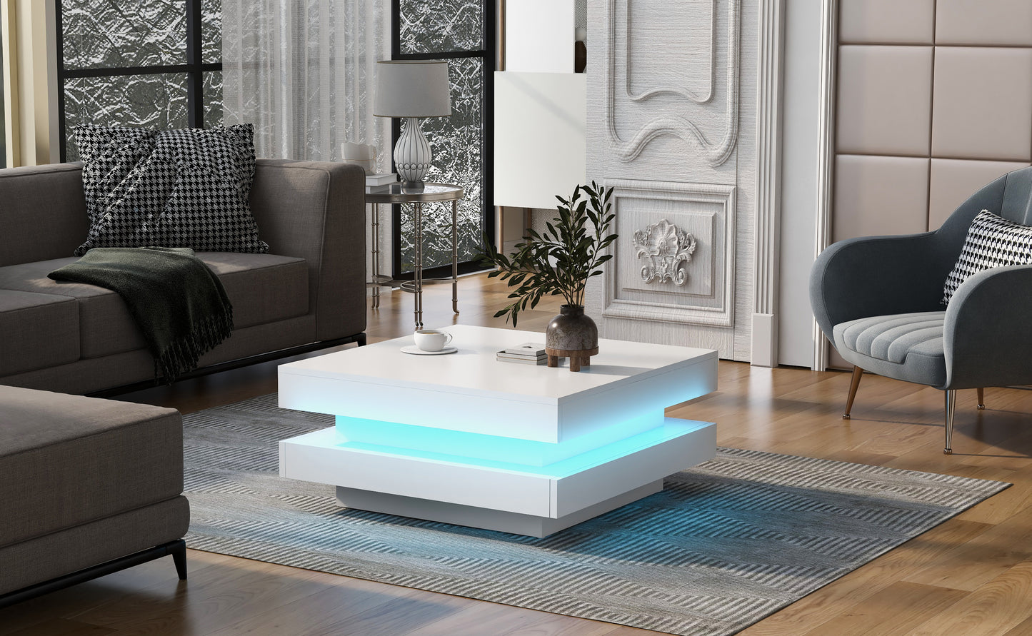 ON-TREND High Gloss Minimalist Design with LED Lights, 2-Tier Square Coffee Table, Center Table for Living Room, 31.5''x31.5''x14.2'', White