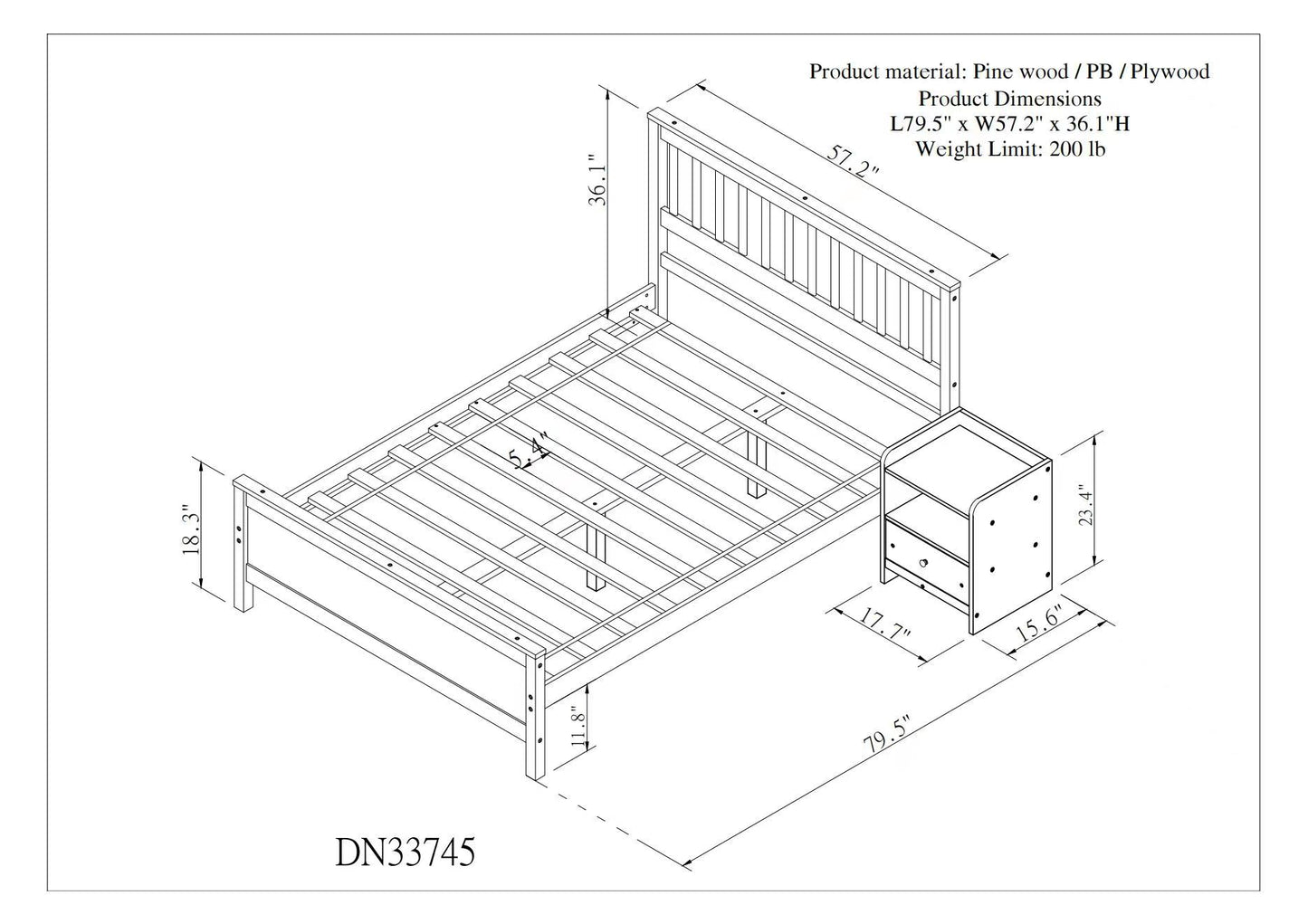 （缺货）Full Bed with Headboard and Footboard for Kids, Teens, Adults,with a Nightstand ,White