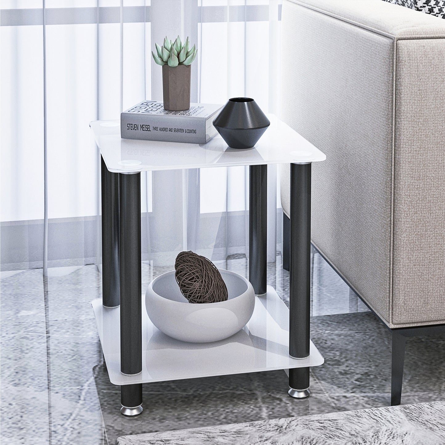 1-Piece White+Black Side Table , 2-Tier Space End Table ,Modern Night Stand, Sofa table, Side Table with Storage Shelve