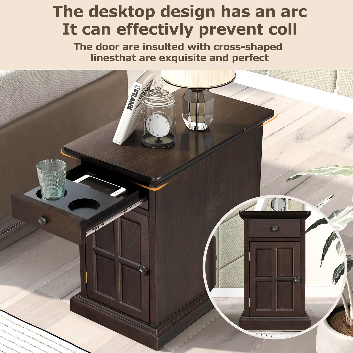 （ 9-12  9-19预计到货）U-Can Classic Vintage Livingroom End Table Side Table with USB Ports and One Multifunctional Drawer with cup holders, Antique Espresso