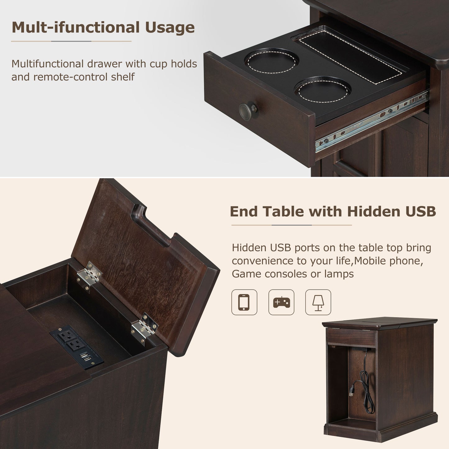 （ 9-12  9-19预计到货）U-Can Classic Vintage Livingroom End Table Side Table with USB Ports and One Multifunctional Drawer with cup holders, Antique Espresso