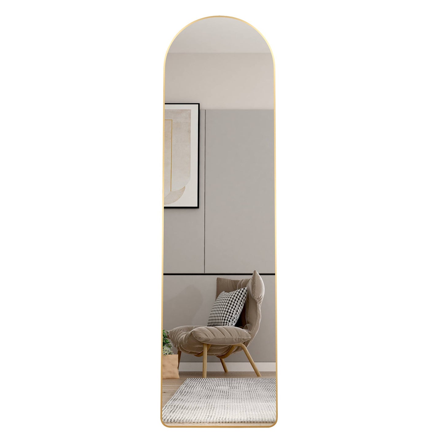 The third generation floor mounted full length rearview mirror. Aluminum alloy metal frame arched wall mirror, bathroom makeup mirror, clothing store, wall mounted. Gold 60 "*16.5"