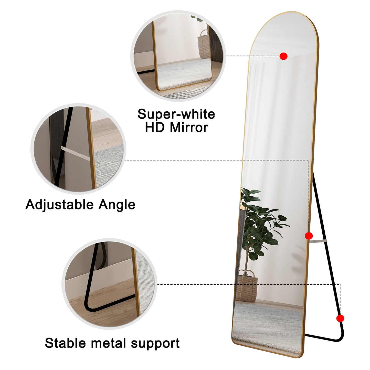 The third generation floor mounted full length rearview mirror. Aluminum alloy metal frame arched wall mirror, bathroom makeup mirror, clothing store, wall mounted. Gold 60 "*16.5"