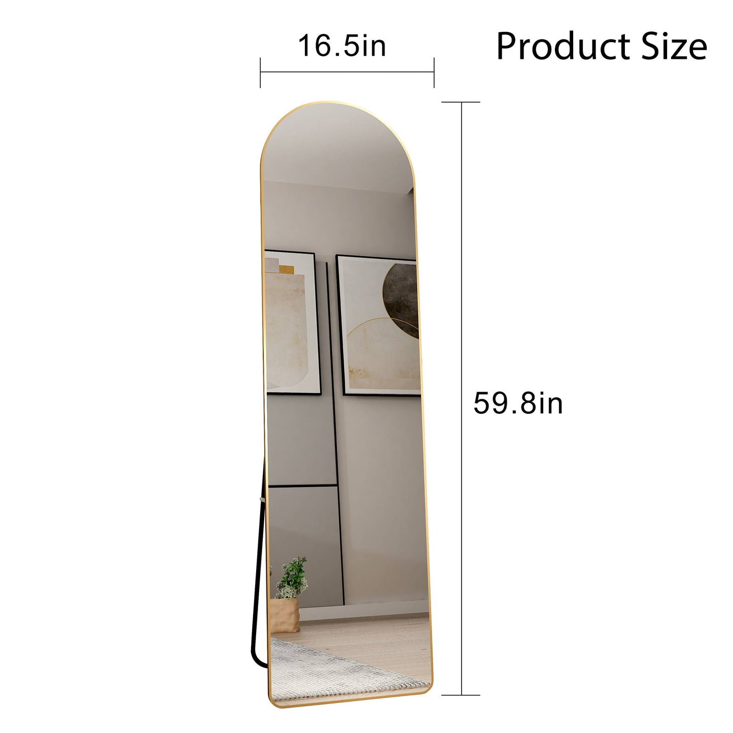 The third generation floor mounted full length rearview mirror. Aluminum alloy metal frame arched wall mirror, bathroom makeup mirror, clothing store, wall mounted. Gold 60 "*16.5"