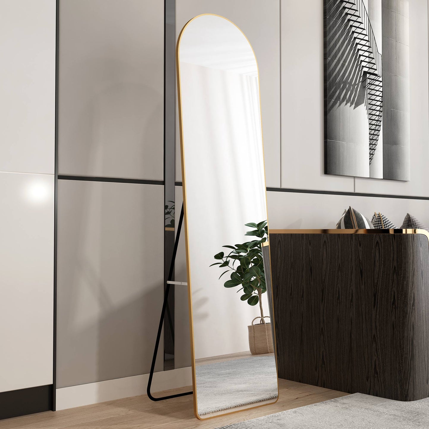 The third generation floor mounted full length rearview mirror. Aluminum alloy metal frame arched wall mirror, bathroom makeup mirror, clothing store, wall mounted. Gold 60 "*16.5"