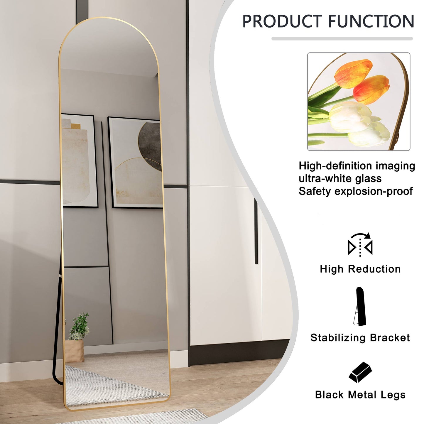 The third generation floor mounted full length rearview mirror. Aluminum alloy metal frame arched wall mirror, bathroom makeup mirror, clothing store, wall mounted. Gold 60 "*16.5"