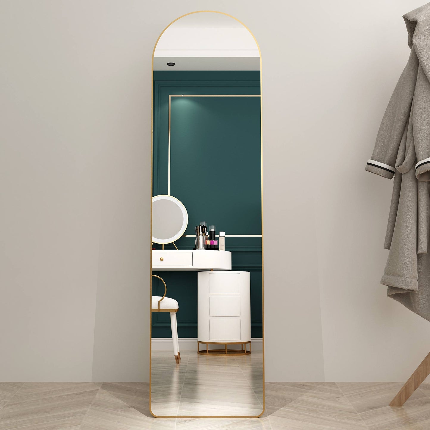 The third generation floor mounted full length rearview mirror. Aluminum alloy metal frame arched wall mirror, bathroom makeup mirror, clothing store, wall mounted. Gold 60 "*16.5"