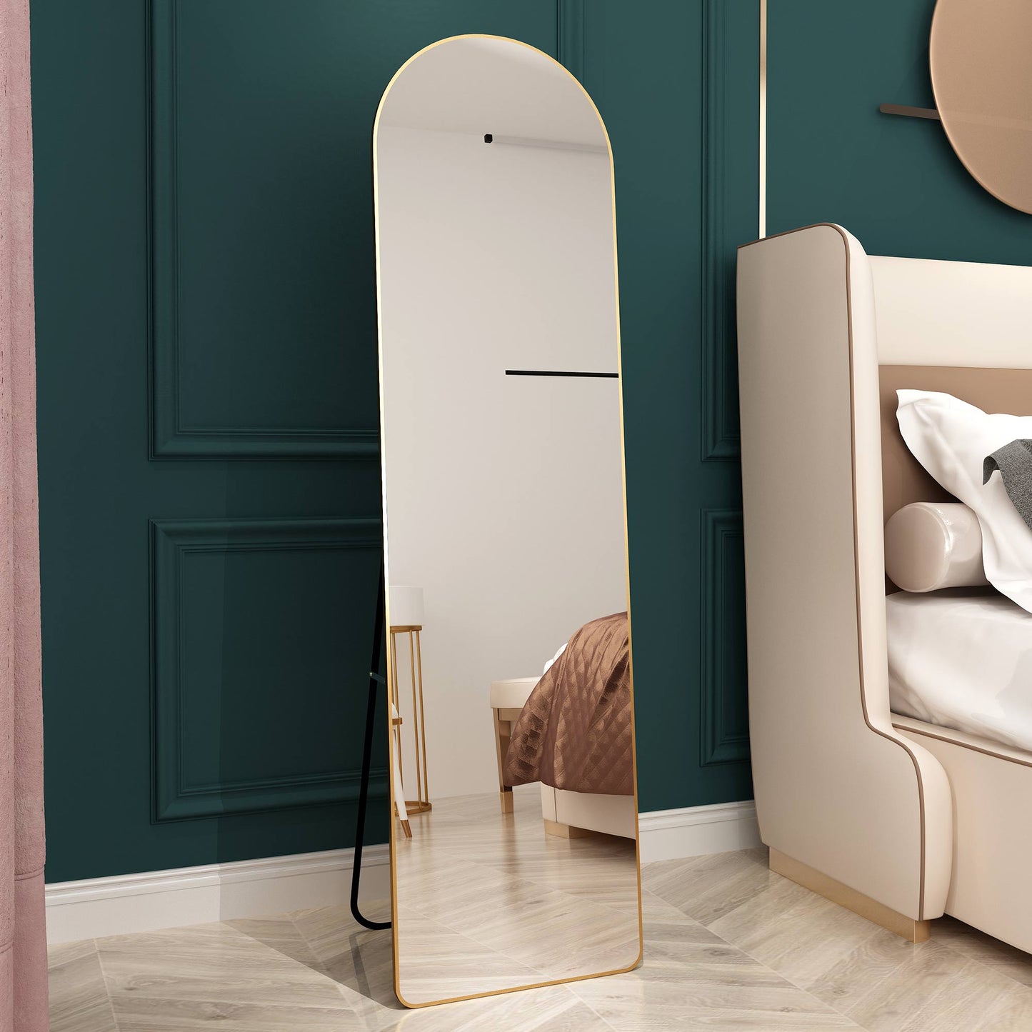 The third generation floor mounted full length rearview mirror. Aluminum alloy metal frame arched wall mirror, bathroom makeup mirror, clothing store, wall mounted. Gold 60 "*16.5"