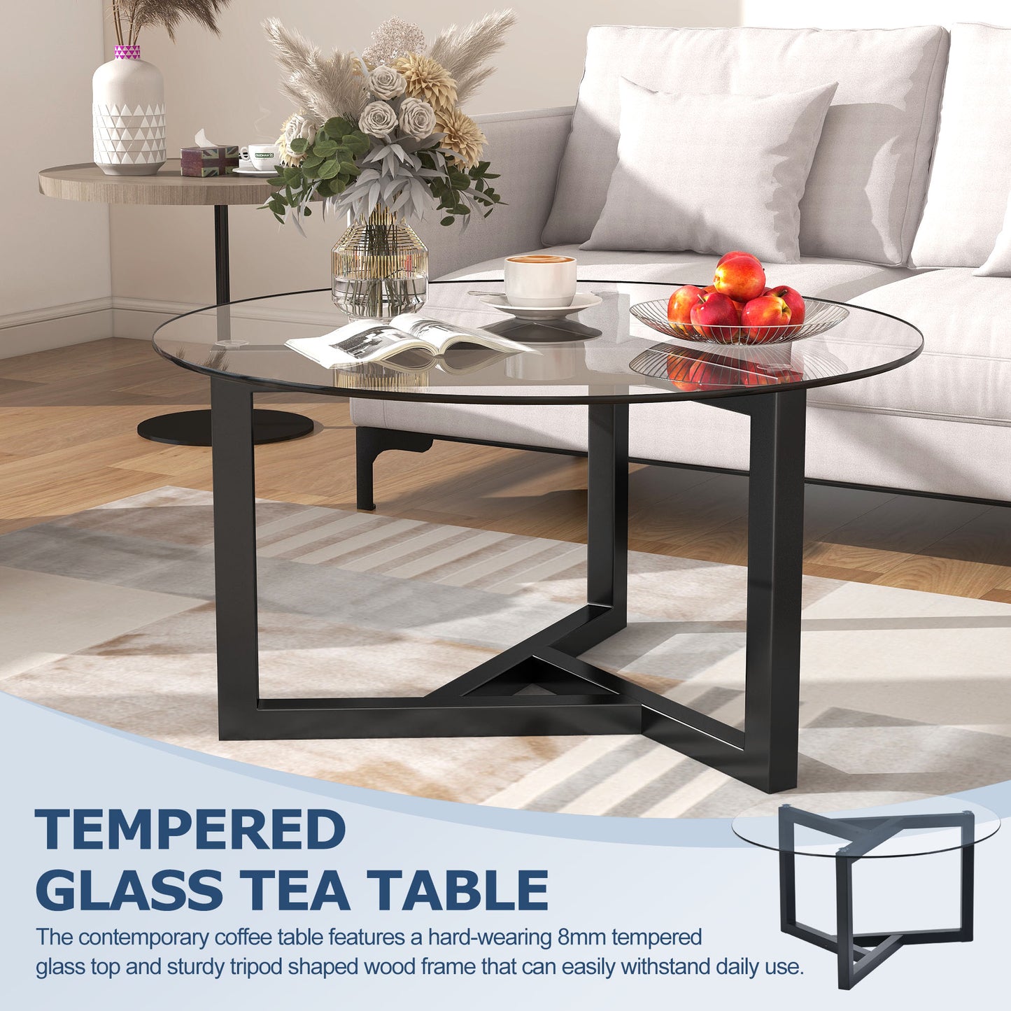 ON-TREND Round Glass Coffee Table Modern Cocktail Table Easy Assembly with Tempered Glass Top & Sturdy Wood Base (Black)