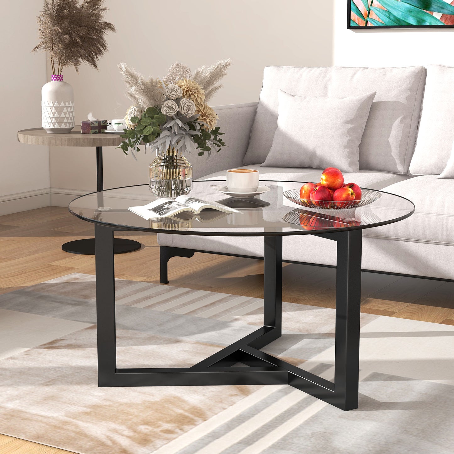 ON-TREND Round Glass Coffee Table Modern Cocktail Table Easy Assembly with Tempered Glass Top & Sturdy Wood Base (Black)