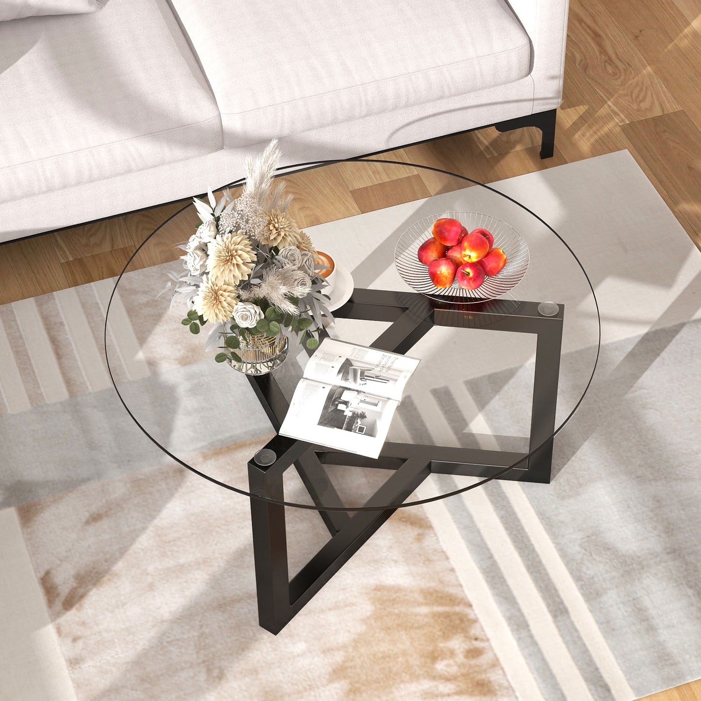 ON-TREND Round Glass Coffee Table Modern Cocktail Table Easy Assembly with Tempered Glass Top & Sturdy Wood Base (Black)