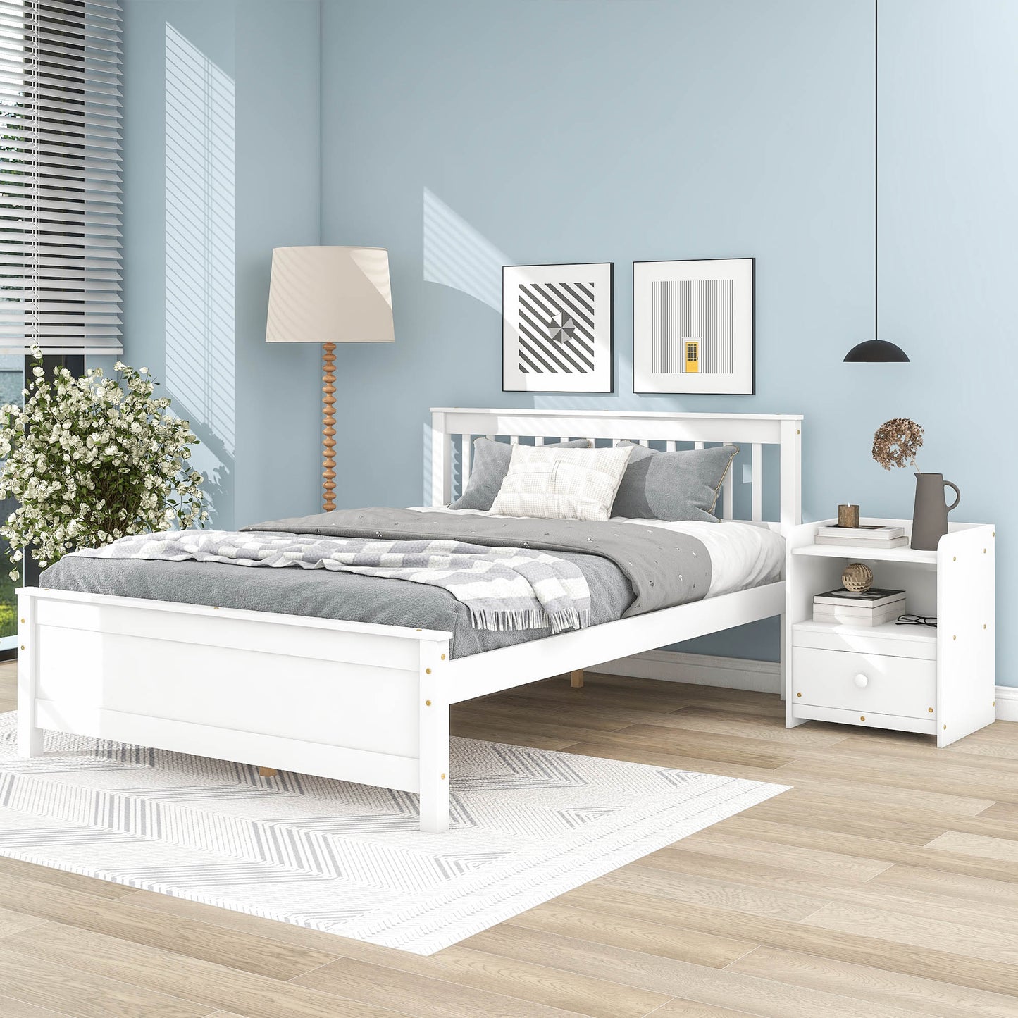 （缺货）Full Bed with Headboard and Footboard for Kids, Teens, Adults,with a Nightstand ,White