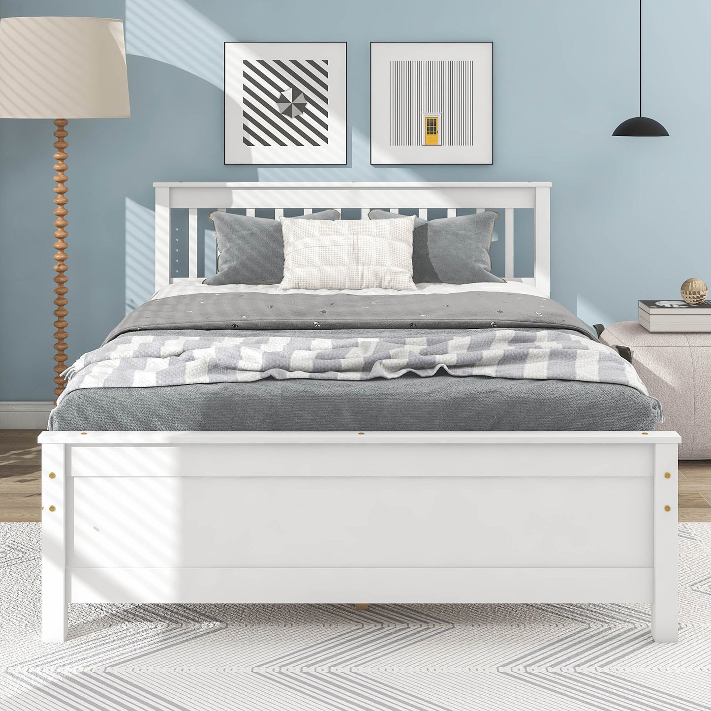 （缺货）Full Bed with Headboard and Footboard for Kids, Teens, Adults,with a Nightstand ,White