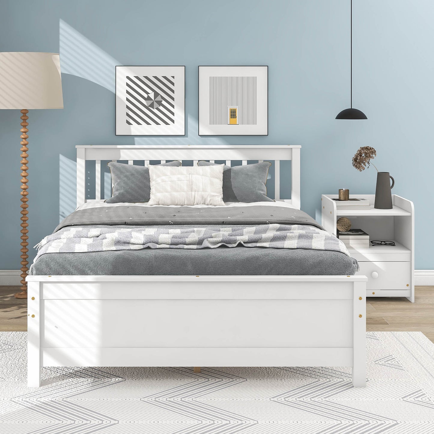 （缺货）Full Bed with Headboard and Footboard for Kids, Teens, Adults,with a Nightstand ,White