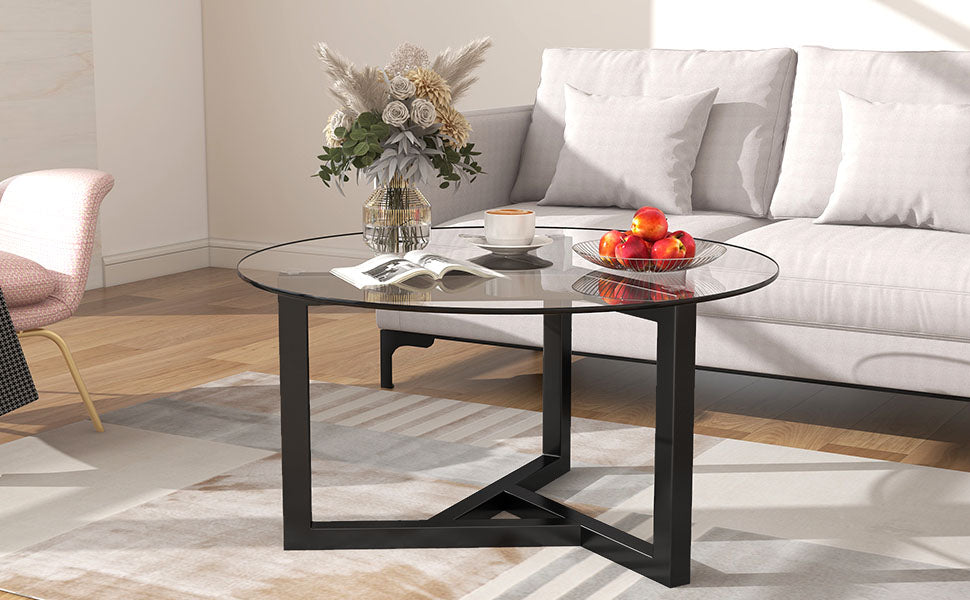 ON-TREND Round Glass Coffee Table Modern Cocktail Table Easy Assembly with Tempered Glass Top & Sturdy Wood Base (Black)