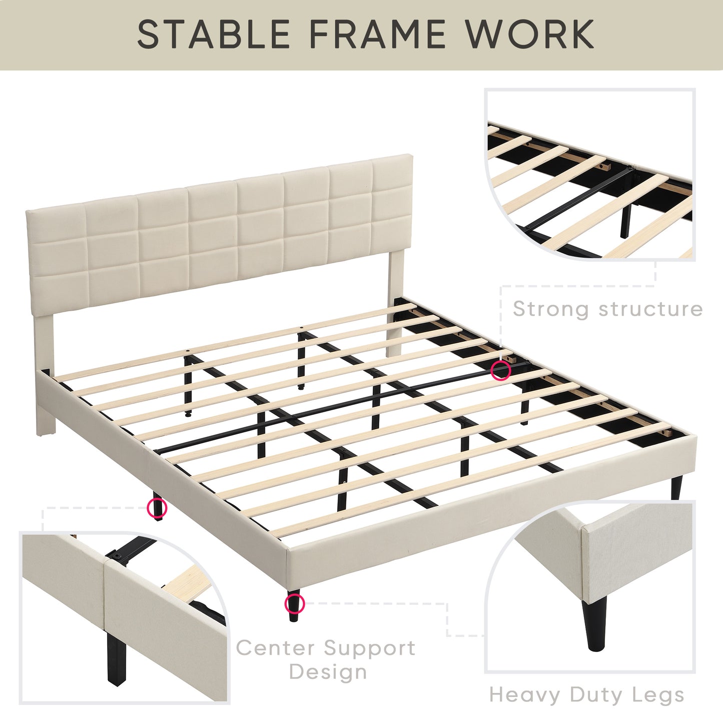 King Size Platform Bed Frame with Fabric Upholstered Headboard and Wooden Slats, No Box Spring Needed/Easy Assembly, Dark Beige