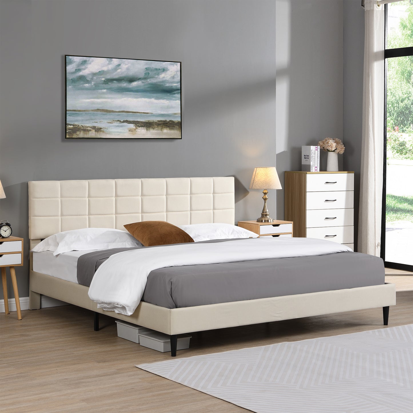 King Size Platform Bed Frame with Fabric Upholstered Headboard and Wooden Slats, No Box Spring Needed/Easy Assembly, Dark Beige