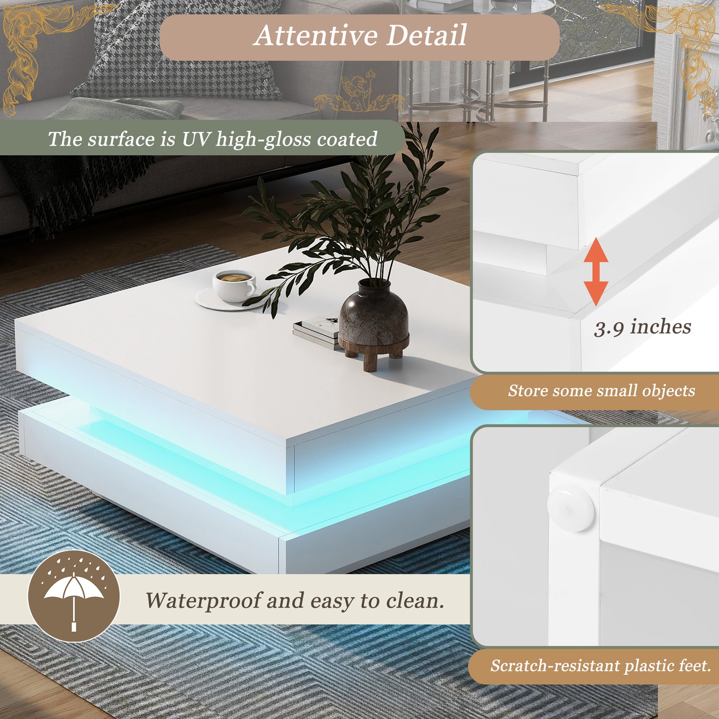 ON-TREND High Gloss Minimalist Design with LED Lights, 2-Tier Square Coffee Table, Center Table for Living Room, 31.5''x31.5''x14.2'', White