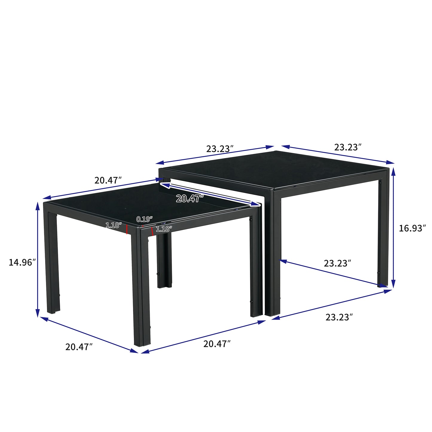 Nesting Coffee Table Set of 2, Square Modern Stacking Table with Tempered Glass Finish for Living Room,Black