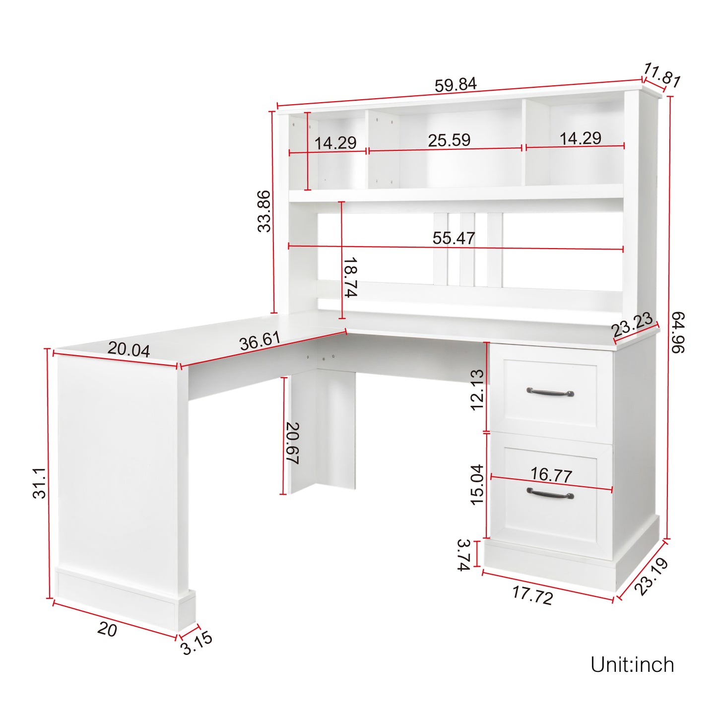 （缺货）Home Office Computer Desk with Hutch, Antiqued White finish