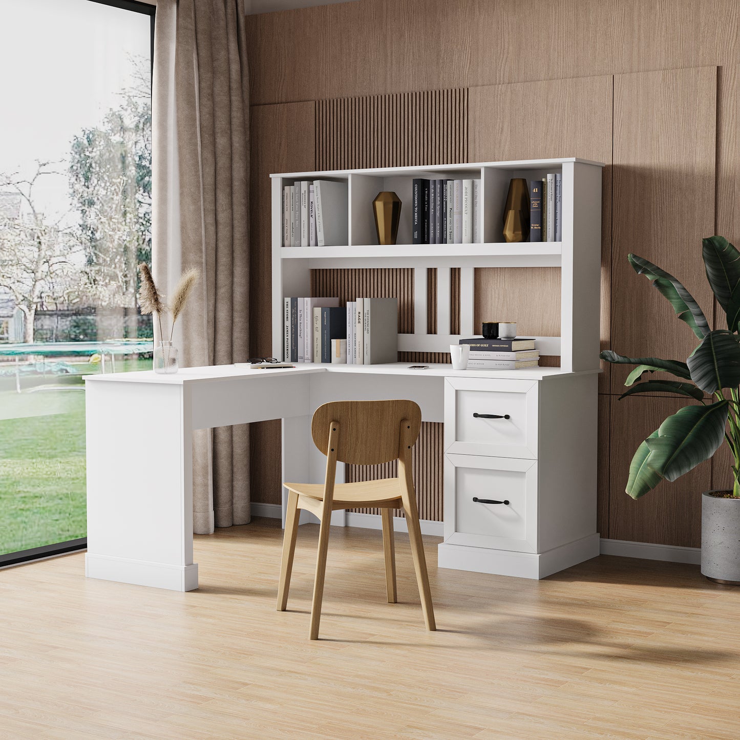 （缺货）Home Office Computer Desk with Hutch, Antiqued White finish