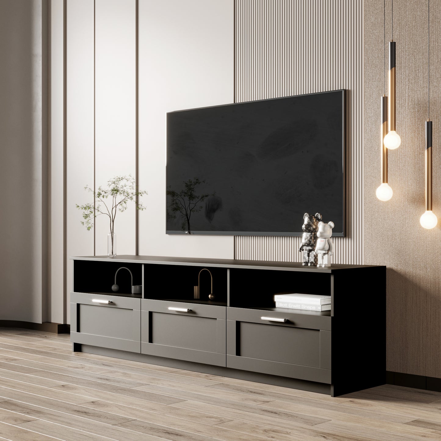 Black modern minimalist TV cabinet 80 inch TV stand, open locker Living Room Bedroom