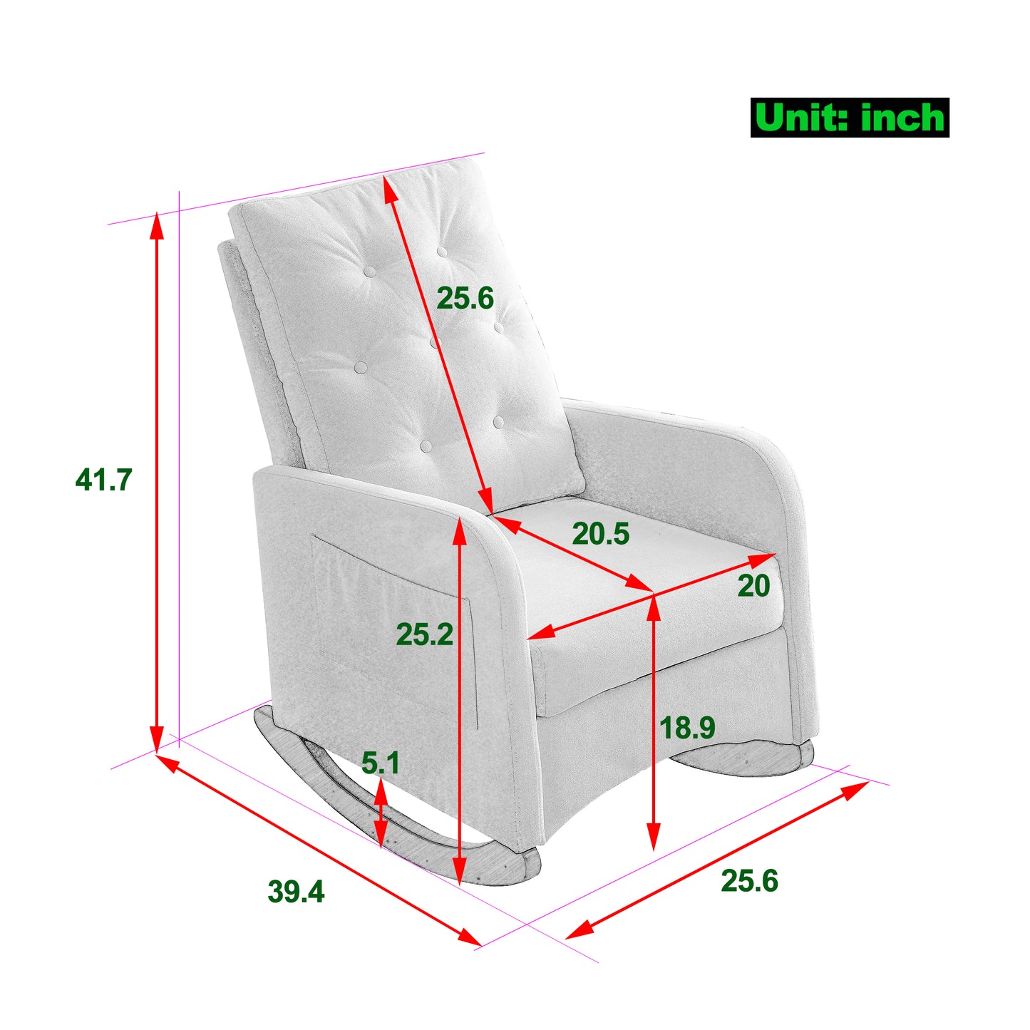 Welike 25.6"W Modern Accent High Backrest Living Room Lounge Arm Rocking Chair, Two Side Pocket