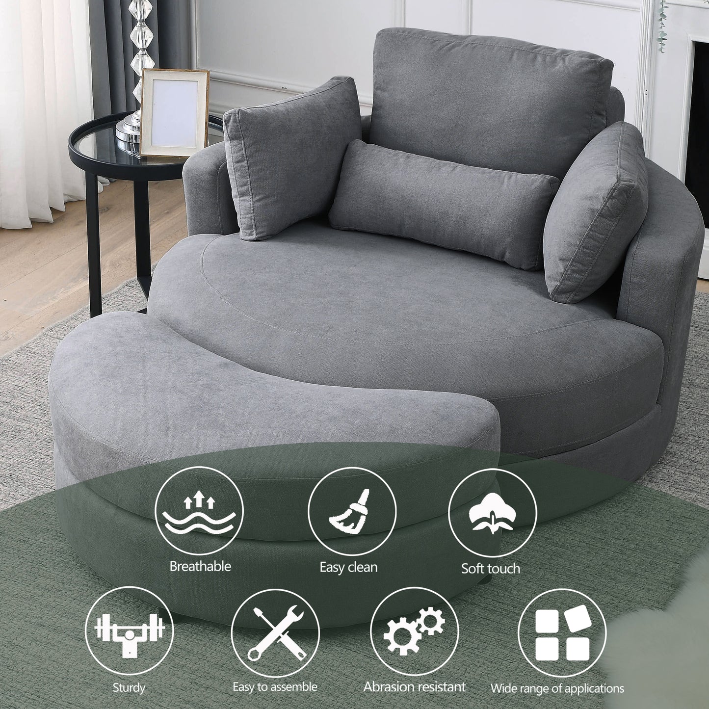 Welike Swivel Accent Barrel Modern Dark Grey Sofa Lounge Club Big Round Chair with Storage Ottoman Linen Fabric for Living Room Hotel with Pillows