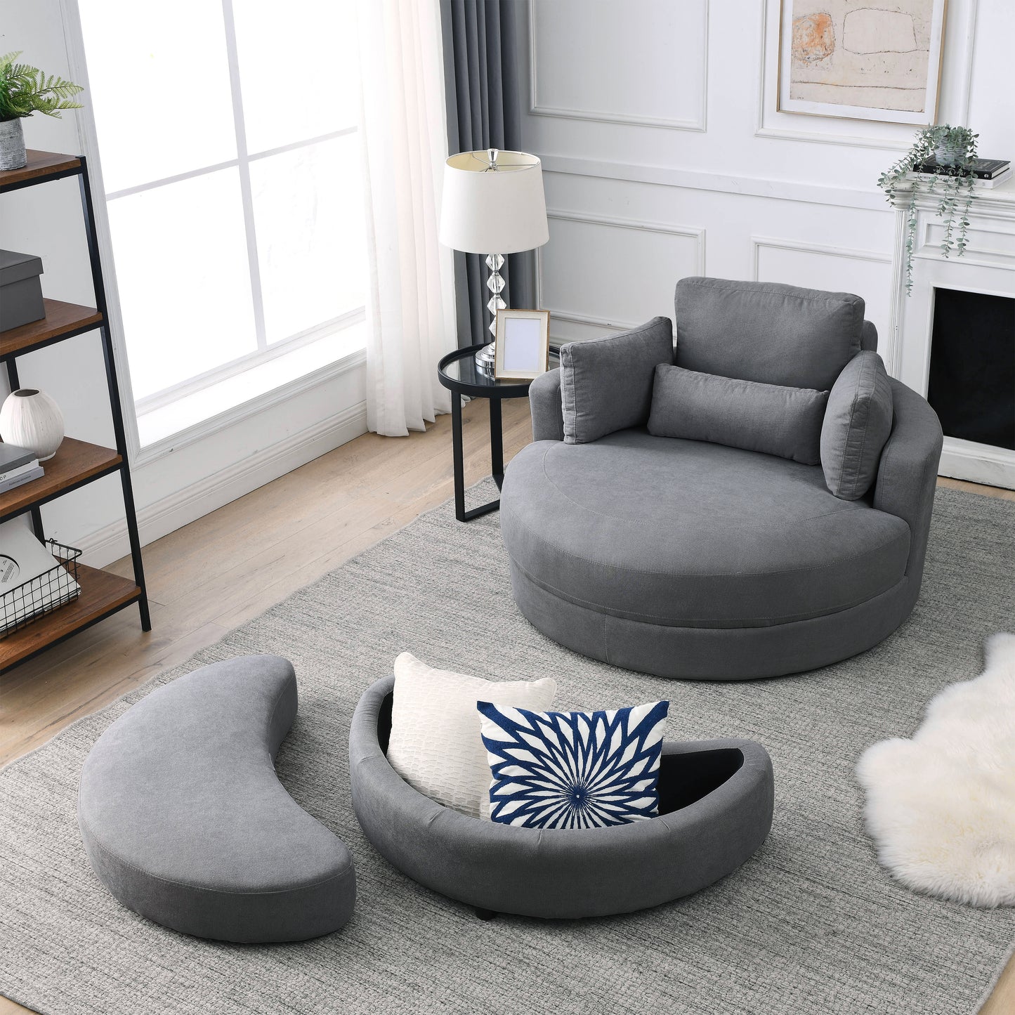 Welike Swivel Accent Barrel Modern Dark Grey Sofa Lounge Club Big Round Chair with Storage Ottoman Linen Fabric for Living Room Hotel with Pillows