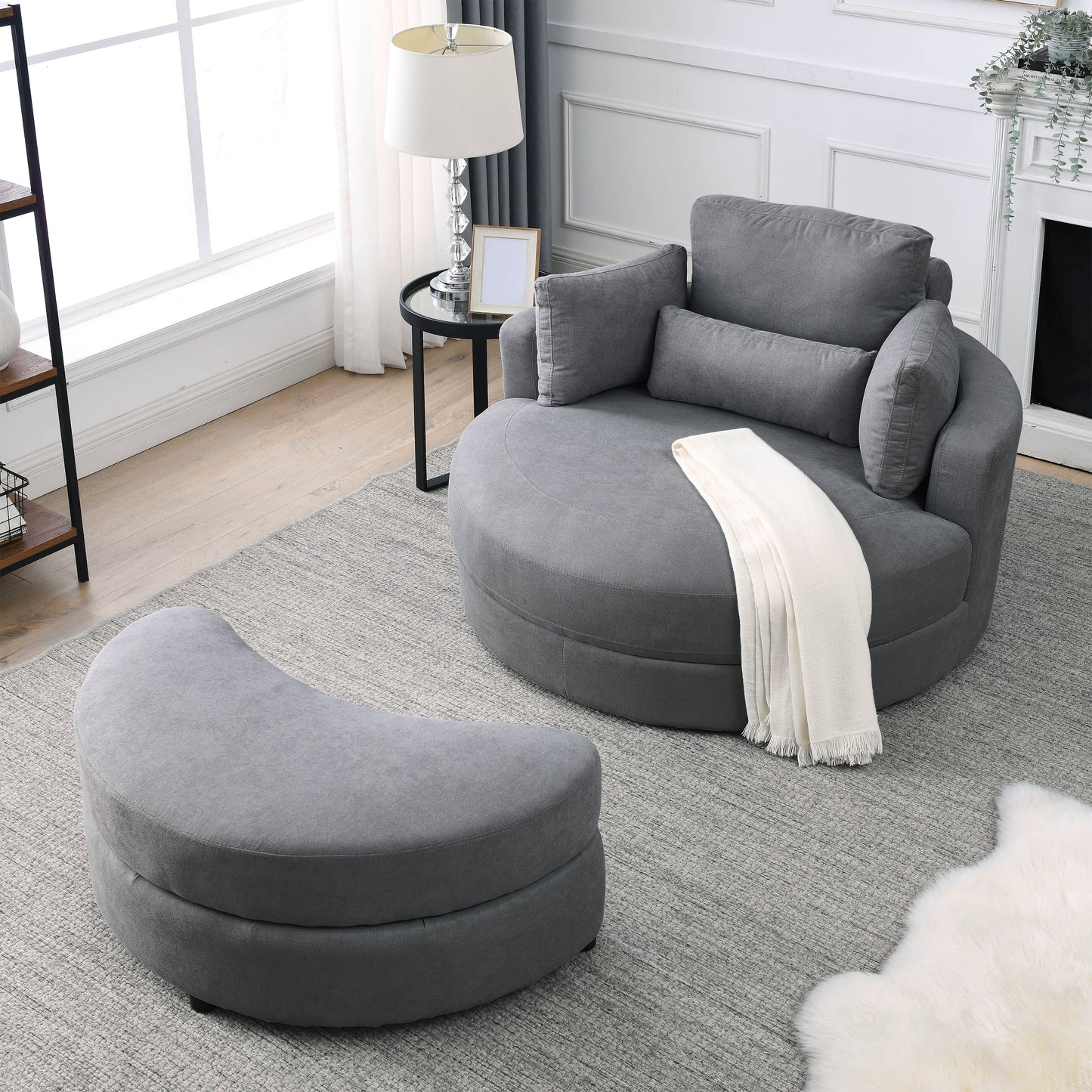 Welike Swivel Accent Barrel Modern Dark Grey Sofa Lounge Club Big Round Chair with Storage Ottoman Linen Fabric for Living Room Hotel with Pillows