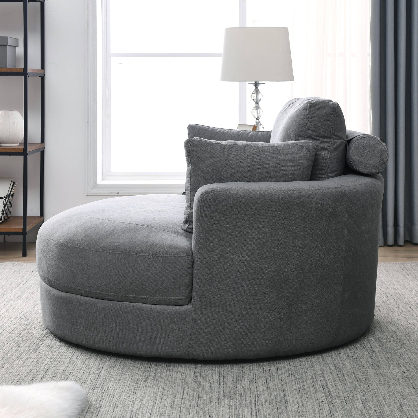 Welike Swivel Accent Barrel Modern Dark Grey Sofa Lounge Club Big Round Chair with Storage Ottoman Linen Fabric for Living Room Hotel with Pillows