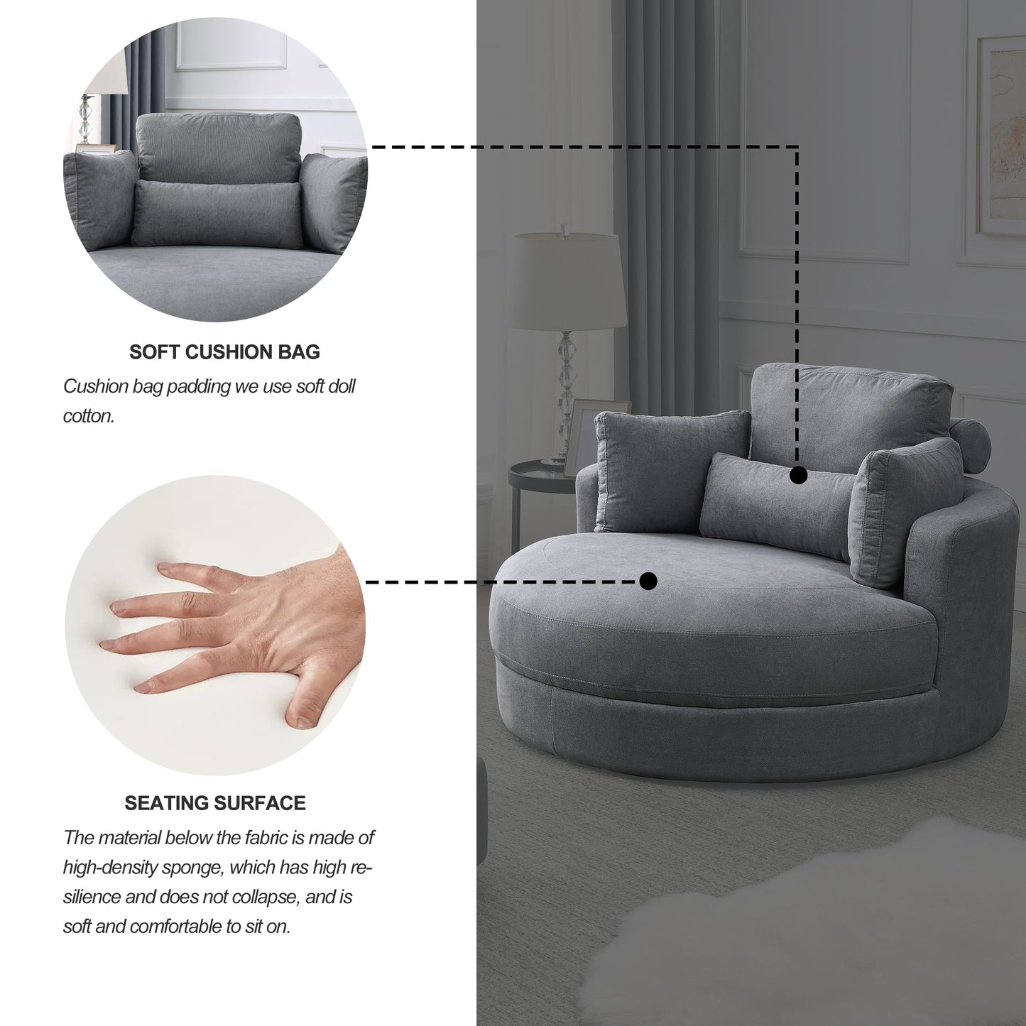 Welike Swivel Accent Barrel Modern Dark Grey Sofa Lounge Club Big Round Chair with Storage Ottoman Linen Fabric for Living Room Hotel with Pillows