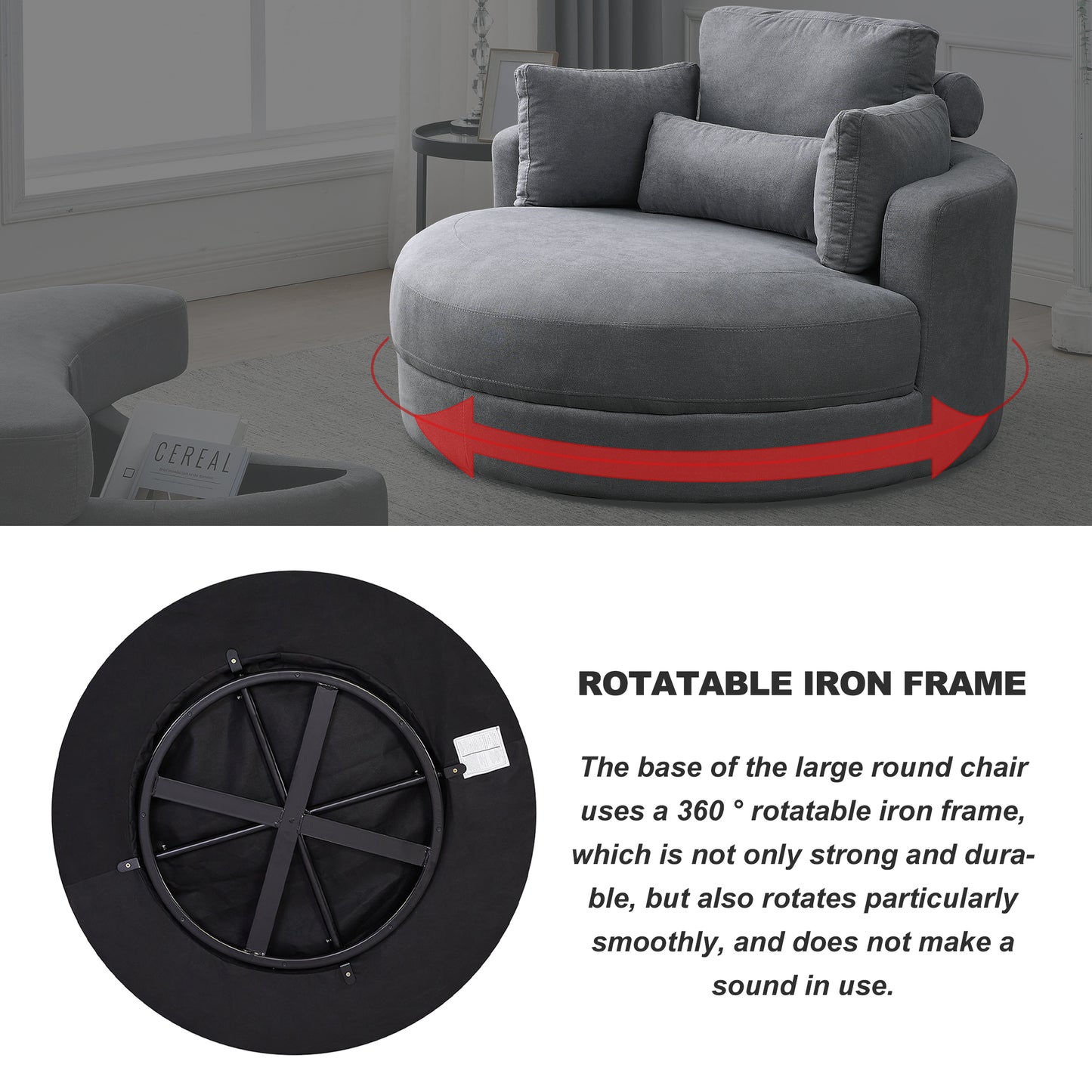 Welike Swivel Accent Barrel Modern Dark Grey Sofa Lounge Club Big Round Chair with Storage Ottoman Linen Fabric for Living Room Hotel with Pillows