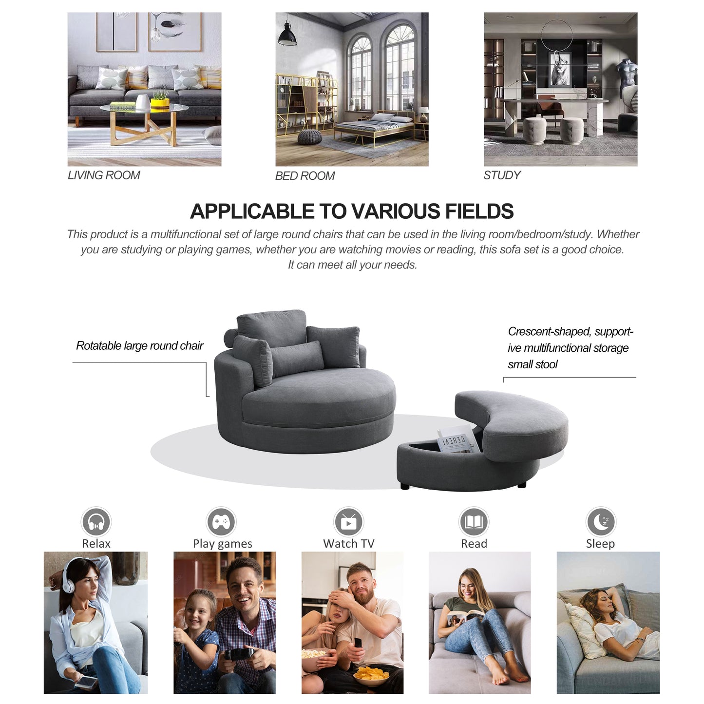 Welike Swivel Accent Barrel Modern Dark Grey Sofa Lounge Club Big Round Chair with Storage Ottoman Linen Fabric for Living Room Hotel with Pillows