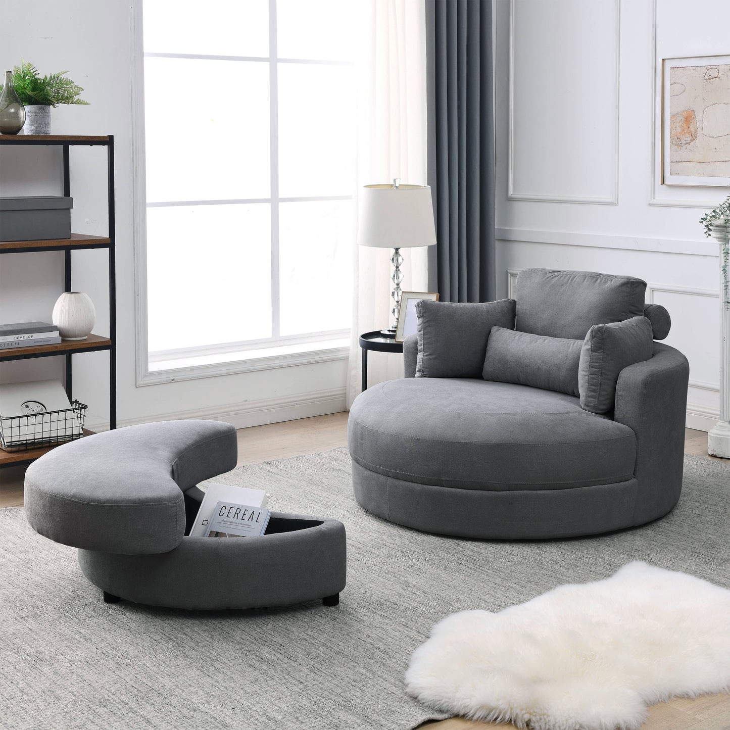 Welike Swivel Accent Barrel Modern Dark Grey Sofa Lounge Club Big Round Chair with Storage Ottoman Linen Fabric for Living Room Hotel with Pillows