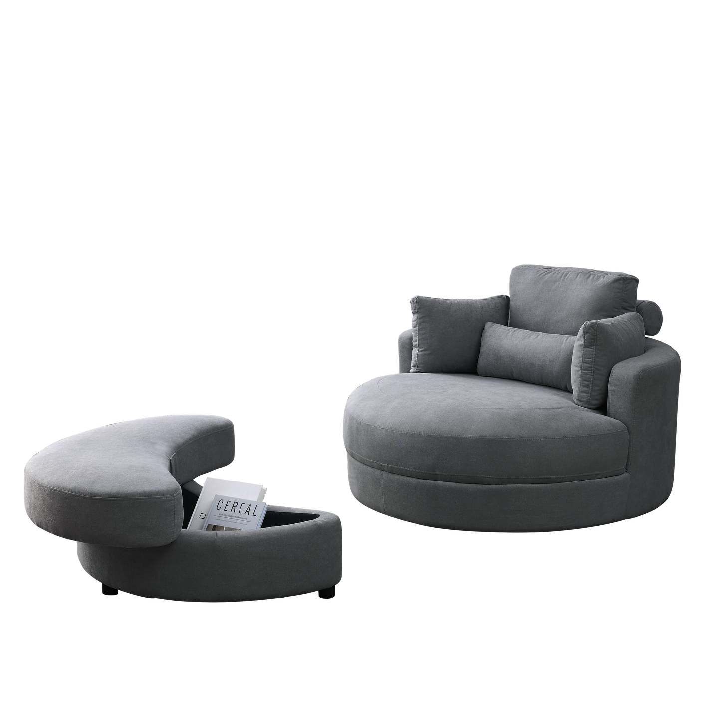 Welike Swivel Accent Barrel Modern Dark Grey Sofa Lounge Club Big Round Chair with Storage Ottoman Linen Fabric for Living Room Hotel with Pillows