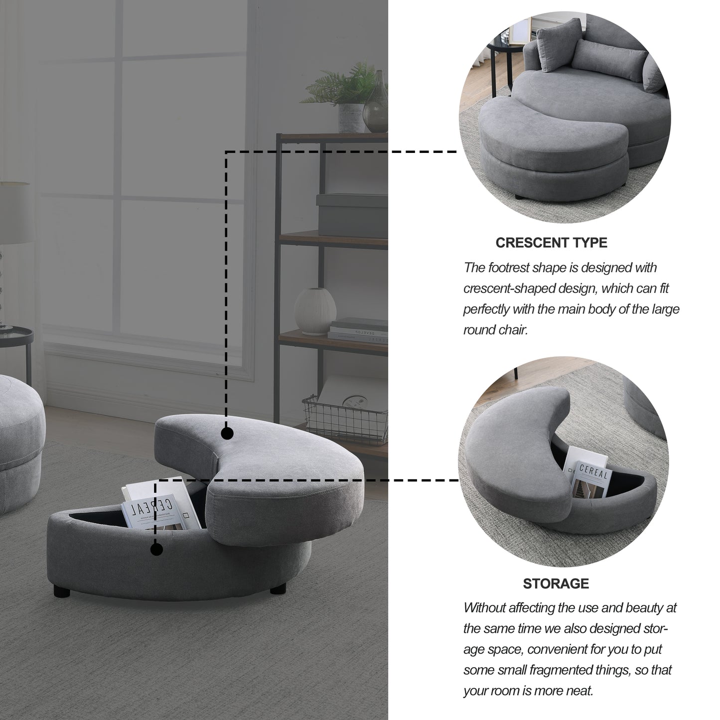 Welike Swivel Accent Barrel Modern Dark Grey Sofa Lounge Club Big Round Chair with Storage Ottoman Linen Fabric for Living Room Hotel with Pillows