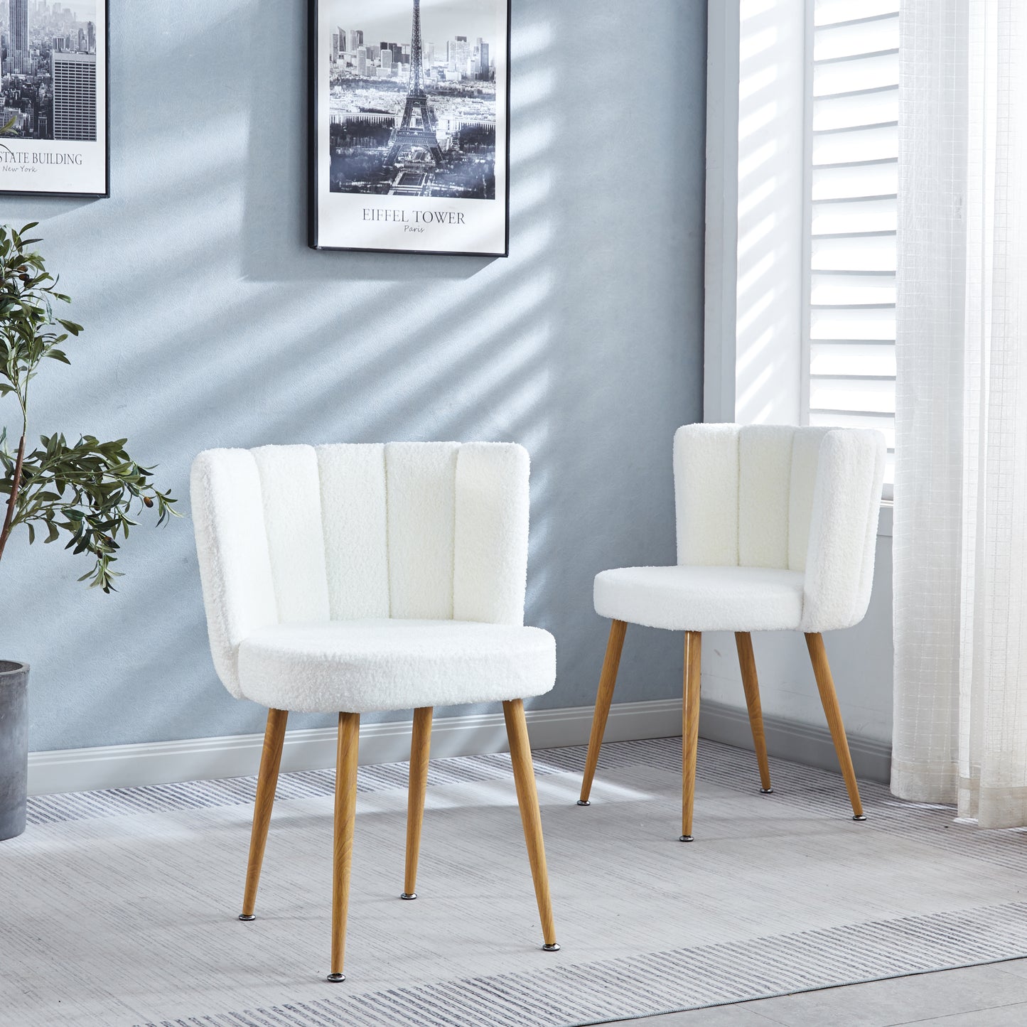 （预计9.22~9.29到货）Modern WHITE dining chair(set of 2 ) with iron tube wood color legs, shorthair cushions and comfortable backrest, suitable for dining room, living room, cafe, simple structure.