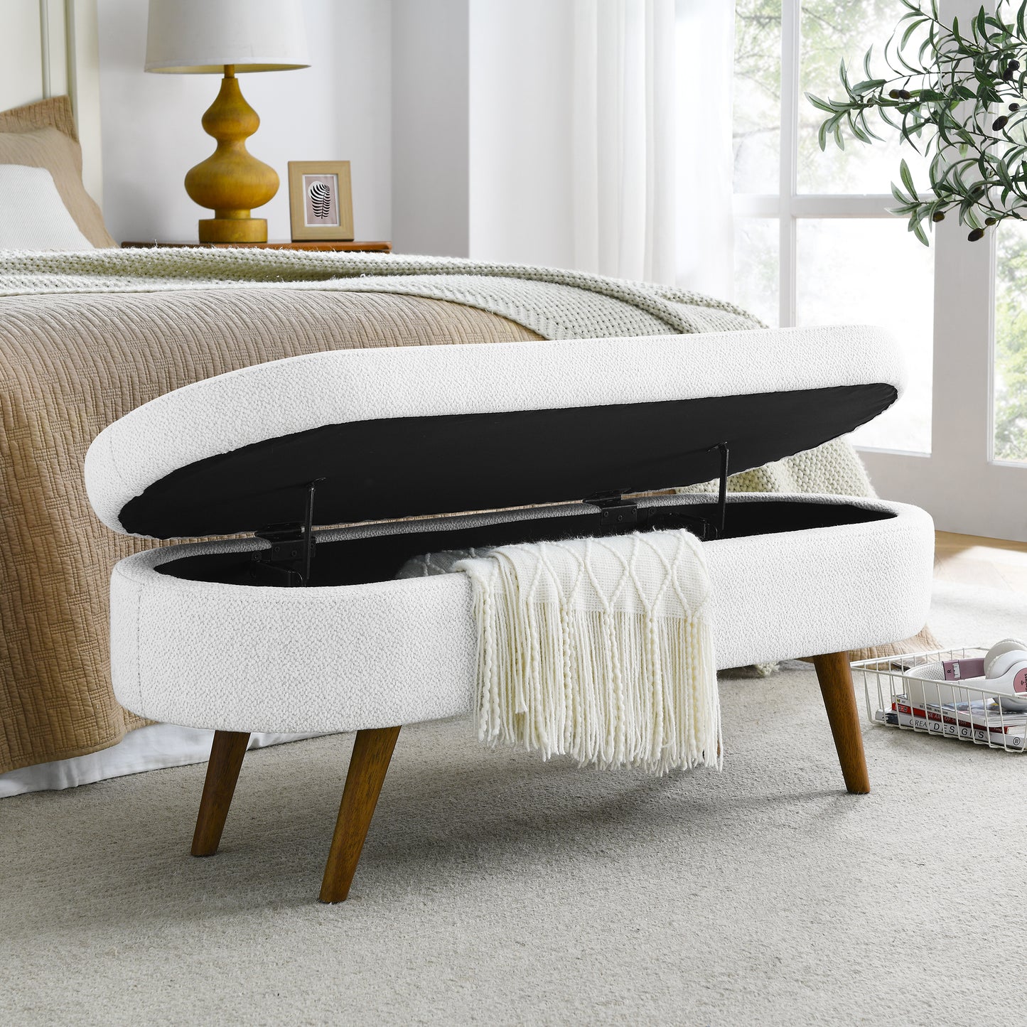 Ottoman Oval Storage Bench,Rubber Wood Legs,White(43.5"x16"x16")