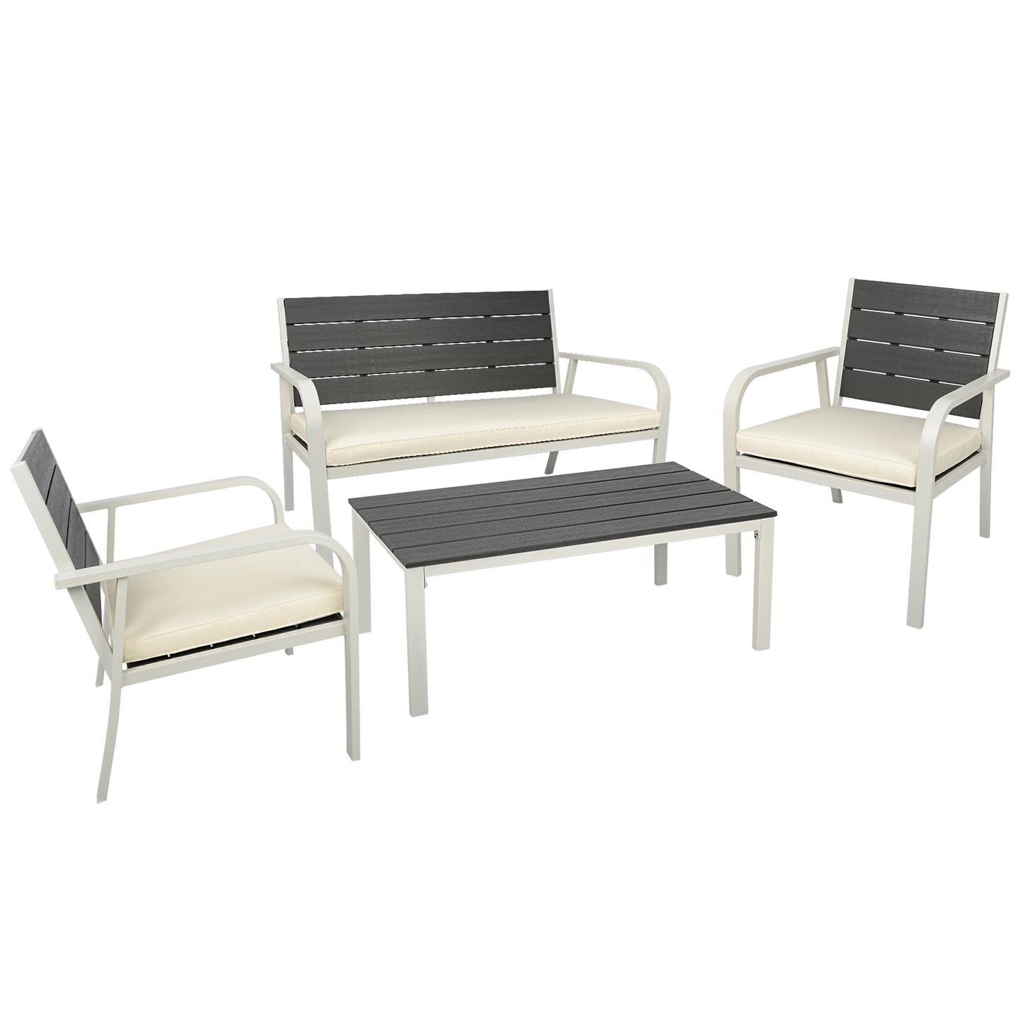 4 Pieces Patio Garden Sofa Conversation Set Wood Grain Design PE Steel Frame Loveseat All Weather Outdoor Furniture Set with Cushions Coffee Table for Backyard Balcony Lawn White