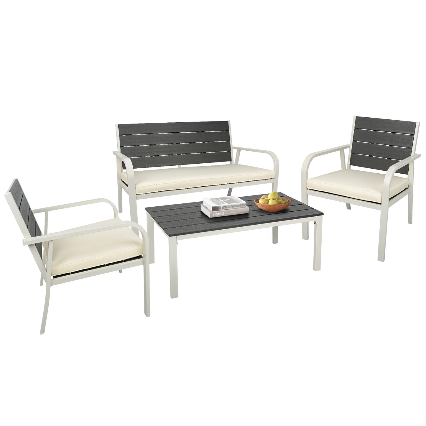 4 Pieces Patio Garden Sofa Conversation Set Wood Grain Design PE Steel Frame Loveseat All Weather Outdoor Furniture Set with Cushions Coffee Table for Backyard Balcony Lawn White