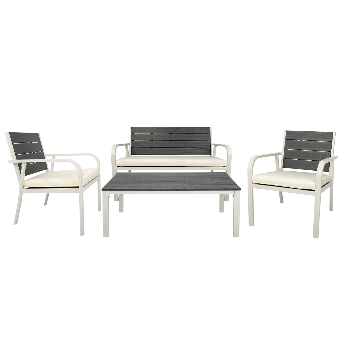 4 Pieces Patio Garden Sofa Conversation Set Wood Grain Design PE Steel Frame Loveseat All Weather Outdoor Furniture Set with Cushions Coffee Table for Backyard Balcony Lawn White