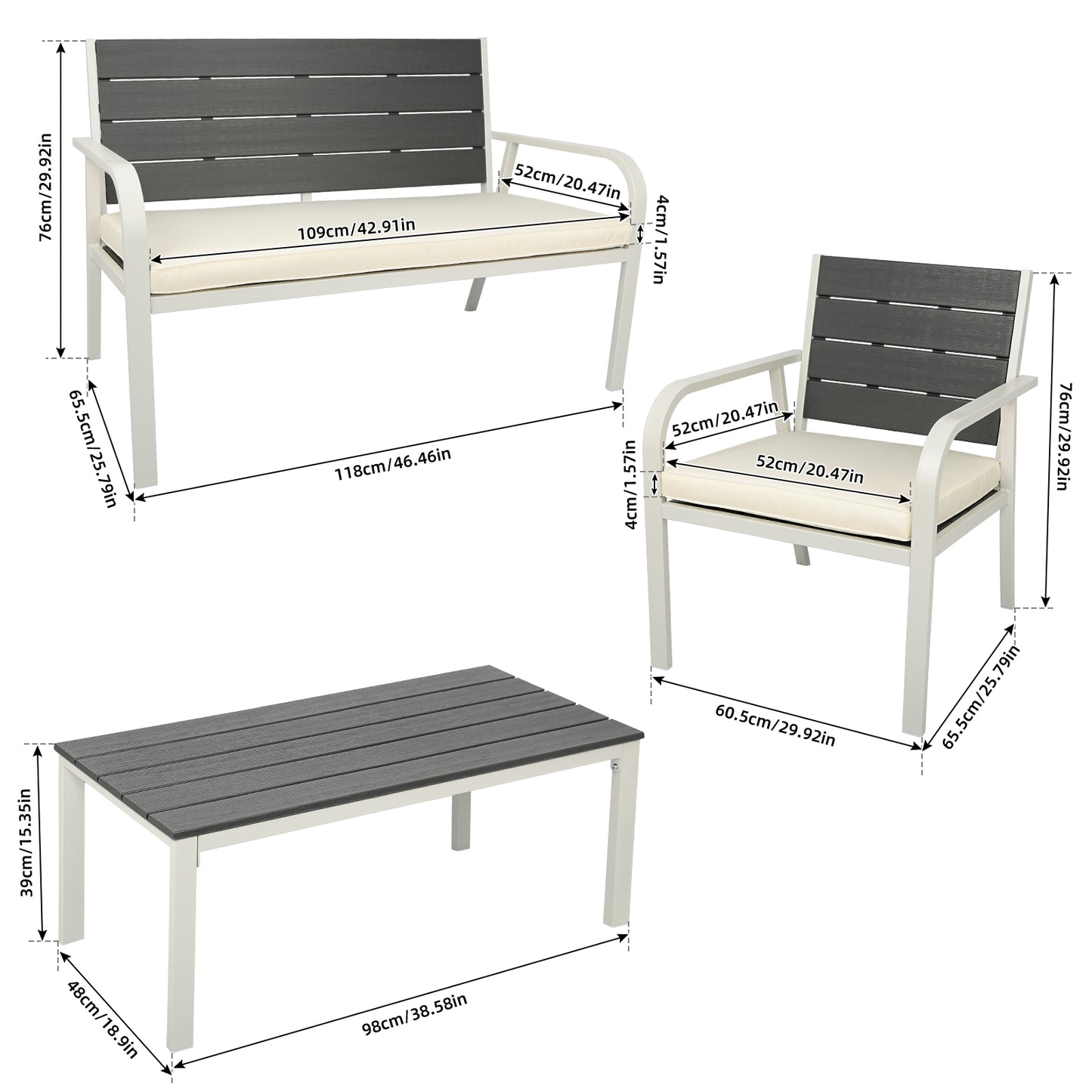 4 Pieces Patio Garden Sofa Conversation Set Wood Grain Design PE Steel Frame Loveseat All Weather Outdoor Furniture Set with Cushions Coffee Table for Backyard Balcony Lawn White