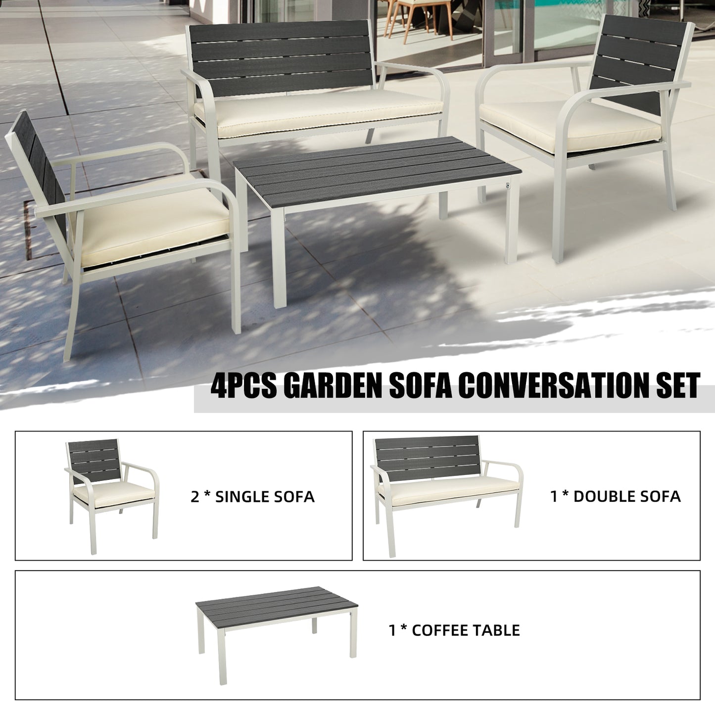 4 Pieces Patio Garden Sofa Conversation Set Wood Grain Design PE Steel Frame Loveseat All Weather Outdoor Furniture Set with Cushions Coffee Table for Backyard Balcony Lawn White