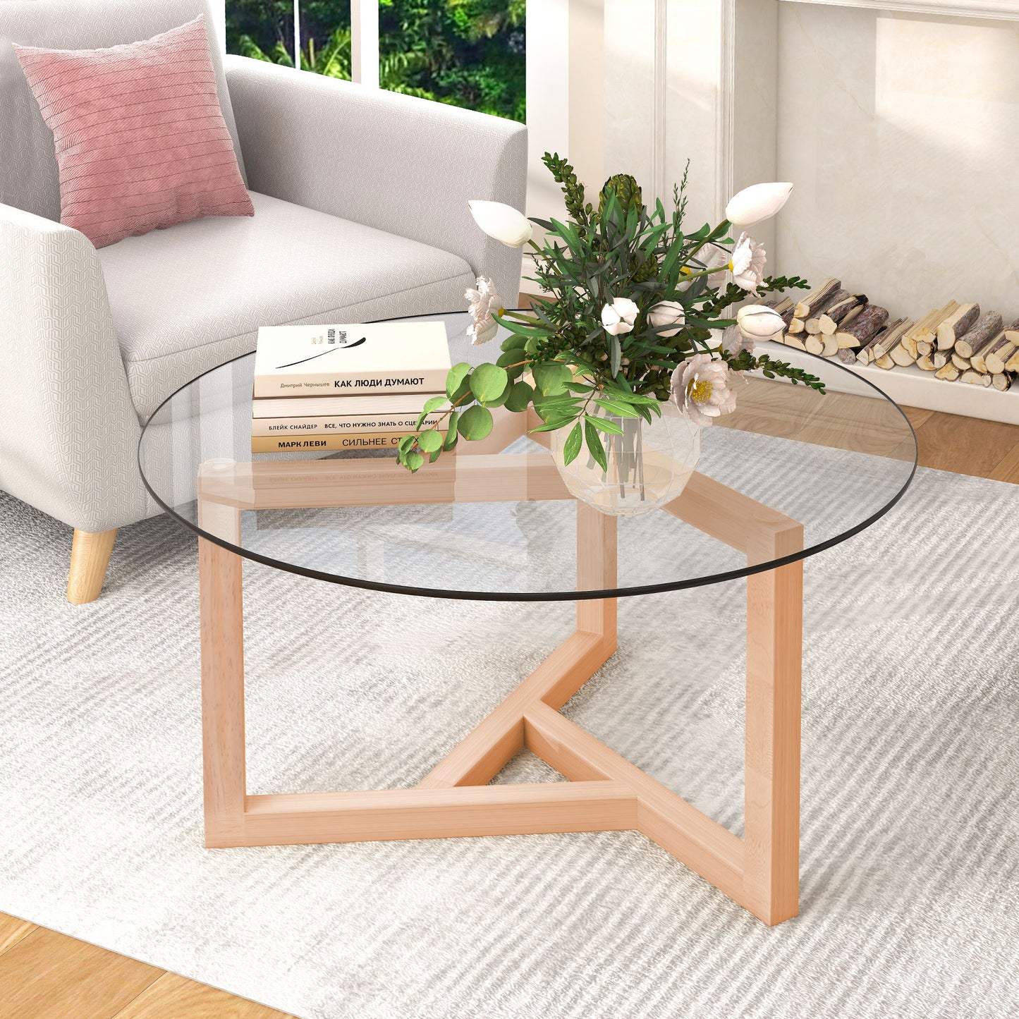 ON-TREND Round Glass Coffee Table Modern Cocktail Table Easy Assembly with Tempered Glass Top & Sturdy Wood Base, Natural