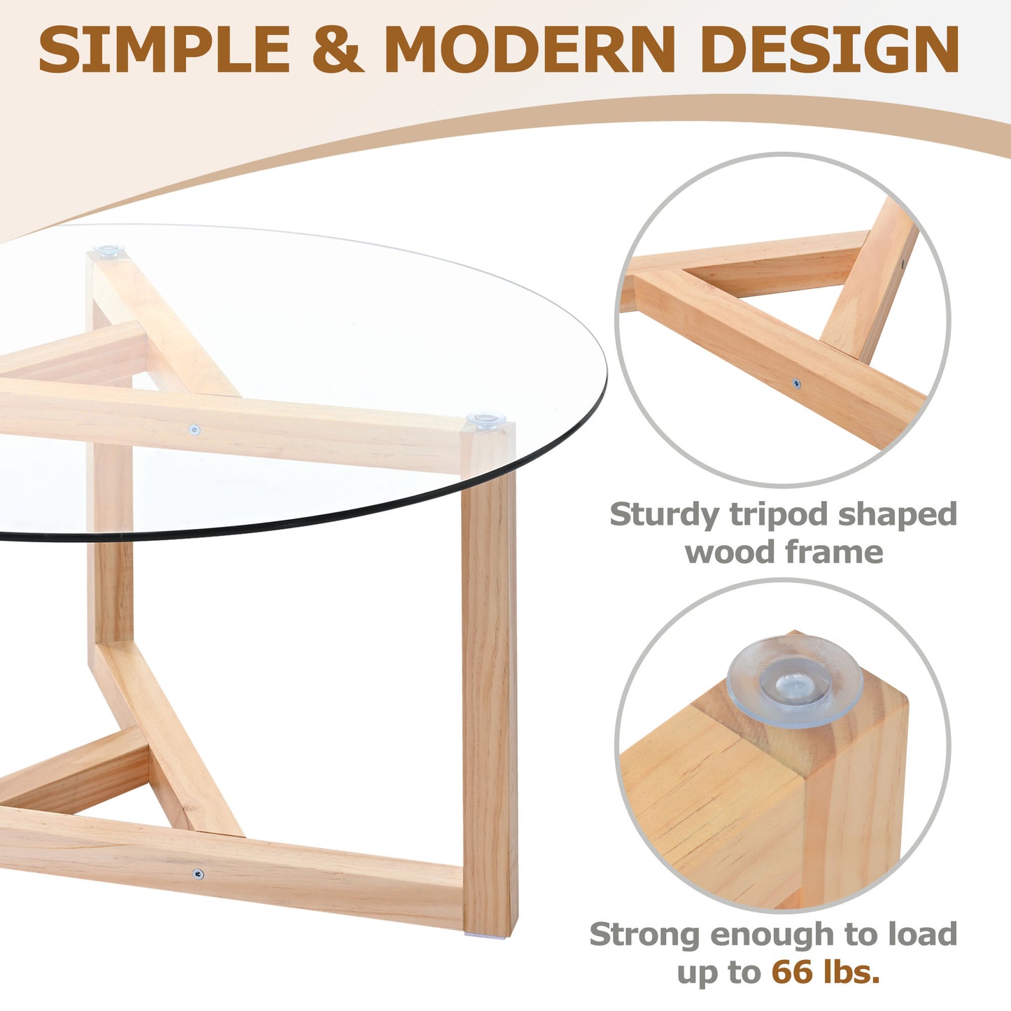 ON-TREND Round Glass Coffee Table Modern Cocktail Table Easy Assembly with Tempered Glass Top & Sturdy Wood Base, Natural