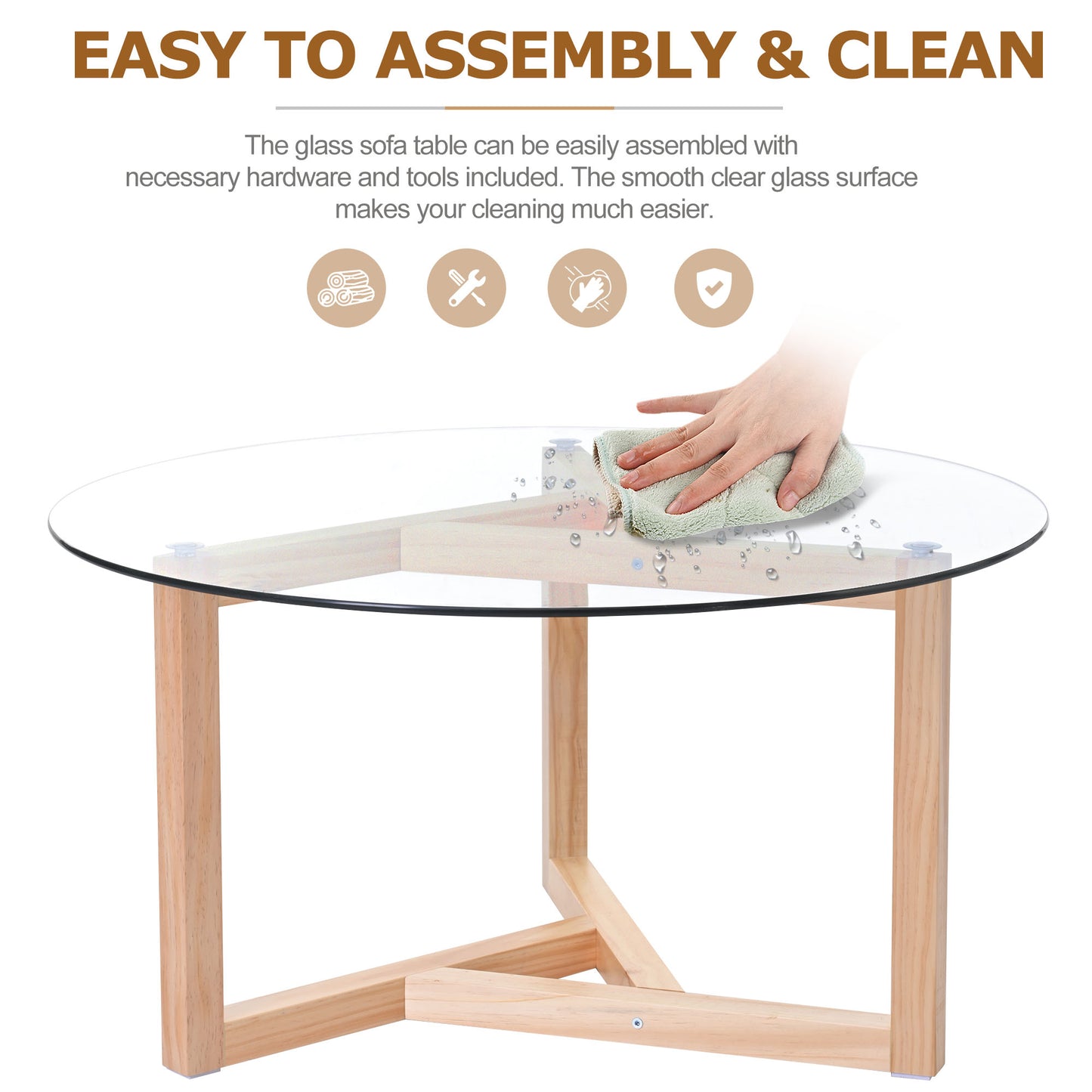 ON-TREND Round Glass Coffee Table Modern Cocktail Table Easy Assembly with Tempered Glass Top & Sturdy Wood Base, Natural